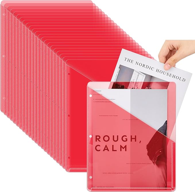 Seajan 48 Pcs Pocket Folders for 3 Ring Binder Clear Plastic Folders Sleeves with 2 Pockets 3 Hole Punch Binder Dividers Poly Slash File Jackets for Office School Document Organizer (Red)