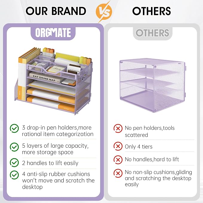 5 Tier Paper Letter Tray Desk Organizer with Pen Holders - Purple | Features 3 pen holders and 4 removable dividers.Versatile mesh desktop storage for mail, document,office supplie