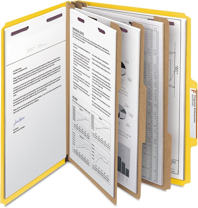Smead Pressboard Classification File Folder with SafeSHIELD® Fasteners, 3 Dividers, 3" Expansion, Letter Size, Yellow, 10 per Box (14098) (Pack of 1)