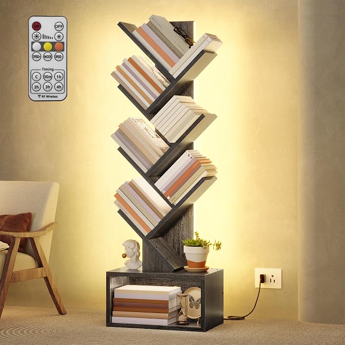 Hoctieon 6 Tier Tree Bookshelf, Tall Bookcase, Freestanding Book Shelf with LED Lights, Display Floor Standing Storage Shelf, Book Organizer Shelves for Home Office, Living Room, Grey