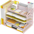 YINGHUA 5-Tier Mesh Desk Organizer and File Holder, Letter Tray - Pink | Sturdy steel mesh with 3 sliding trays, 2 handles, 6 adjustable top sections. U-shaped design for easy access to office files