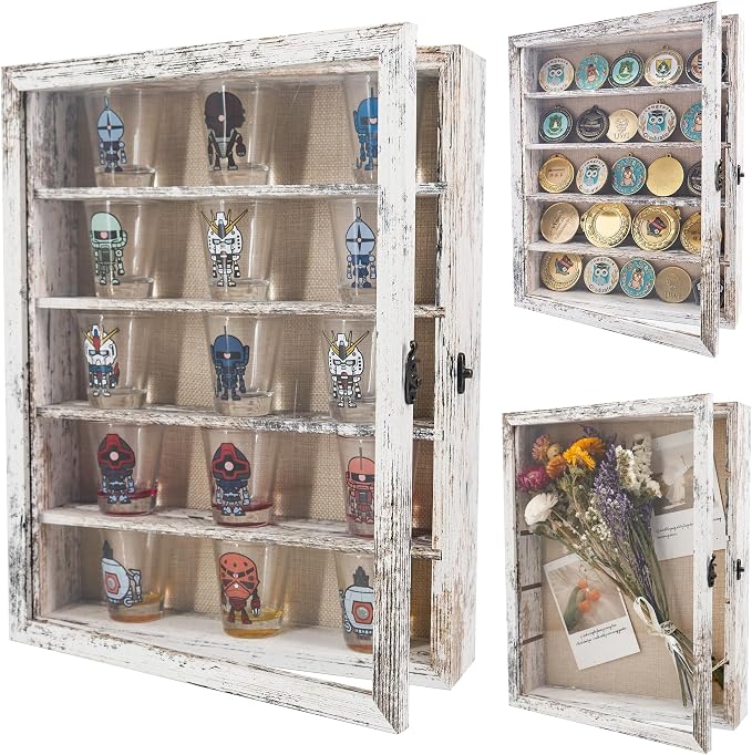 FramePro 11x14 Display Case with Adjustable Shelves White, 4-Tier Memory Shadow Box for Wall, Deep Wooden Keepsake Display Shelf with Locking Door for Memorabilia, Photos, Medals, Wedding, Home Decor