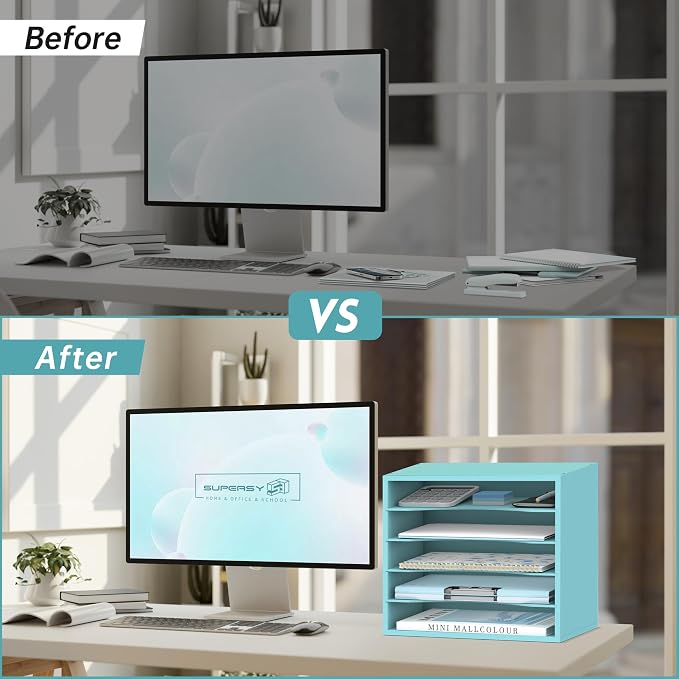 5 Tier Wood Desk Organizer, Mail Sorter and Paper Organizer for Desk, Blue | Wooden Desktop Organizer for Sorting Papers, Letters and Mails, Literature Organizer for Home Office, Classroom Organization