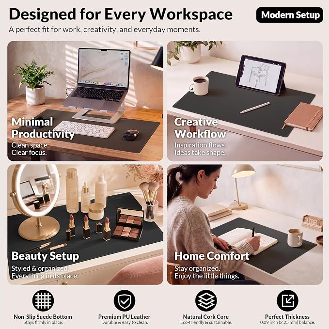AFIING Desk Mat, Black, 31.5" x 17", Cork Desk Pad Protector | Dual-Sided Cork & PU Leather, Waterproof, Non-Slip for Mouse Pad, Office, Home & Writing
