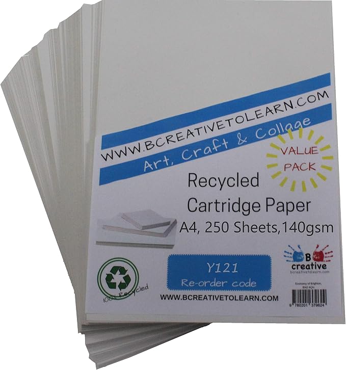 BCreativetolearn 100% Eco Recycled Art A4 Cartridge Paper White Great Art Paper 140gsm Pack of 250 Sheets - Suitable for bookmaking, Sketching, Painting, Printing and More
