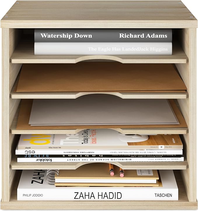 Ballucci 5-Tier File Organizer for Desk, Mail Sorter, Office Desk Organization, Paper Storage Organizers, Folder Holder for Desk, Letter Trays & Stacking Supports, Brushed Wood