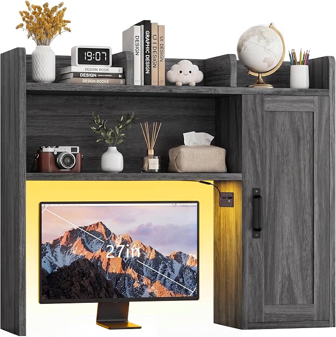 Dorm Desk Hutch, 37.4" Desktop Shelf with 6 Shelves & Power Outlet | Desk Hutch with Drawer & RGB LED Light Over Desk Organizer Desktop Storage Shelf for Dorm Office Home Computer Desk-Grey