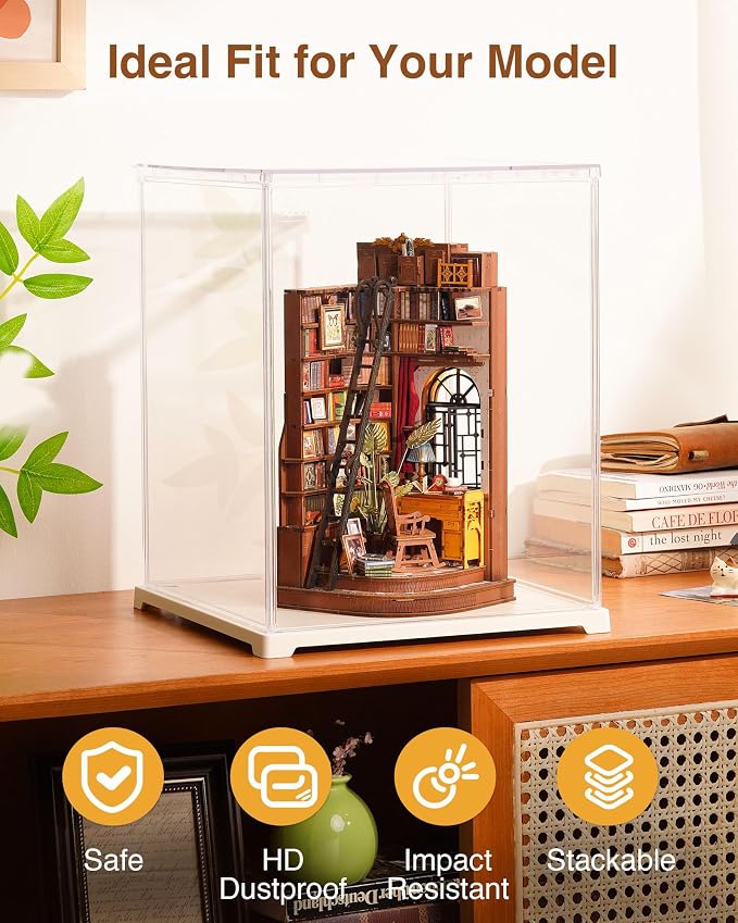 Rolife Acrylic Display Case for Miniature House and Collectibles, Clear Dust Cover Showcase with Door, Stackable Storage Box with White Base for Book Nook(9.1x9.1x11.5in)