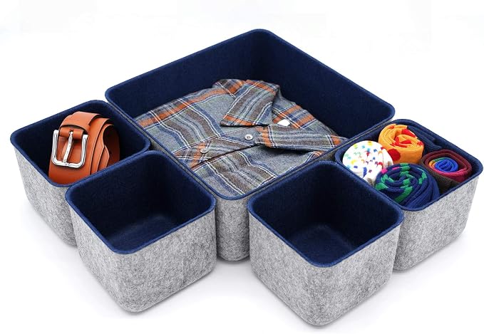 Desk Drawer Organizers Storage bins Set Home Office Pen holder pencil phone stand Remote controler Closet Cabinet boxes Organizing 5-piece gifts ideas (Navy)