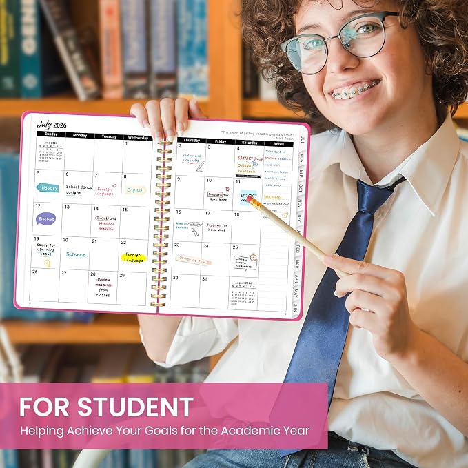Taja Planner 2026-2027, Jul 2026-Jun 2027 Monthly & Weekly Calendar Book | 6.3" x 8.5", Hardcover Academic Calendar with Tabs, Teacher Student Agenda Book for School Office Supplies - Berry Pink