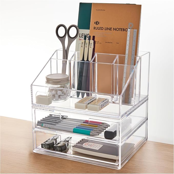 STORi Stackable Desk and Drawer Organizer, Clear Pen Pencil Makeup Brush Holder for Desktops and Vanities, 6 Compartment Caddy with 2 Wide Drawers (Made in USA)
