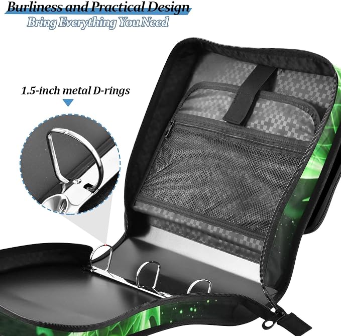 Green Dargon 3 Ring Zipper Binder Bag Binder Organizer with Handle Shoulder Strap for School Work Office Supplies