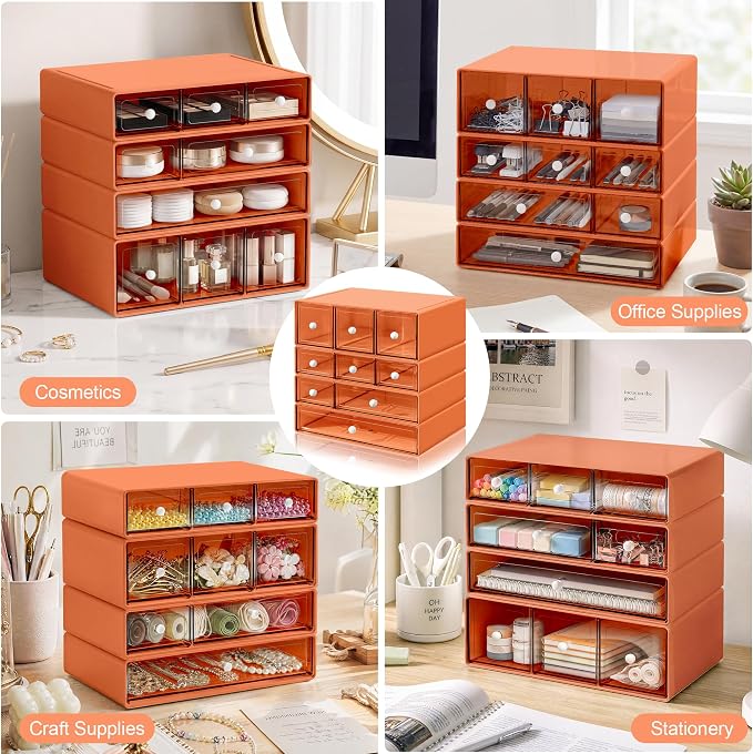 Desk Organizer with 9 Drawers, 4 Tiers Stackable Storage Drawers, Desktop Storage Box with Clear Drawers for Stationery, Makeup, Jewelry, Office and Craft Supplies (Orange)