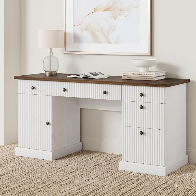 IDEALHOUSE 60 Inch Modern Executive Desk with Charging Station, USB-C/A Ports & 6.56ft Cord - Walnut & White Fluted Wood Office Desk with File Drawers, Sturdy Computer Desk for Home Office