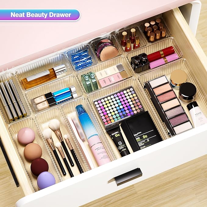 25 PCS Clear Plastic Drawer Organizer Set, Makeup Organizer Trays | 4-Size Desk Drawer Divider, Bathroom Organizers and Storage Bins for Makeup, Jewelry, Gadgets, Office, Kitchen, Bedroom