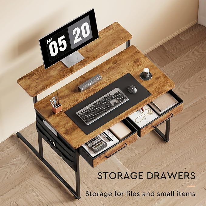 Small Desk with Drawers, 31.5X15.8-22.9 Inches Office Computer Desk with Side Pocket & Ergonomic Monitor Stand, Writing Table for Small Spaces, Bedroom, Kids Desk, Vanity Desk, Rustic Brown