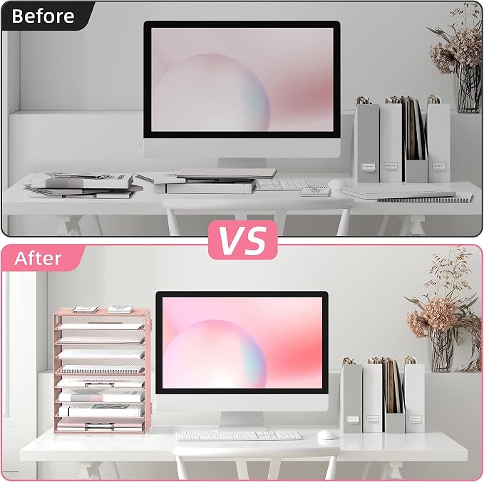 9-Tier Paper Organizer for Desk, Letter Tray with Handles, Pink, 2 Pack | Desk File Organizer with Removable Trays for Sorting Files, Folders, Mail and Printer Paper at Home, School or Office