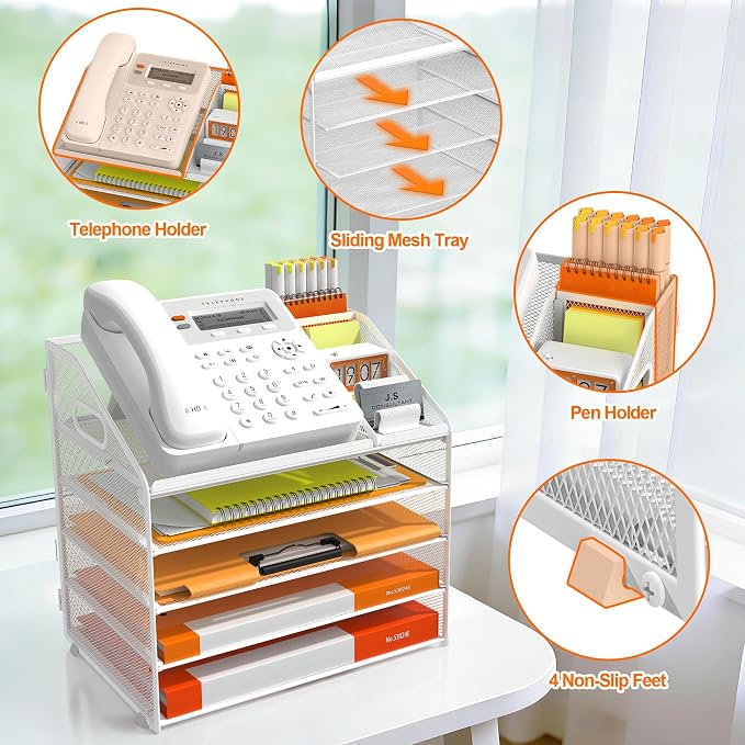DocNest 5 Tier Metal Mesh Desk File Organizer with Phone Shelf, White | Desktop letter tray sorter features a 9.1x9.1 inch top phone holder, built-in sticky note compartment and pen holder