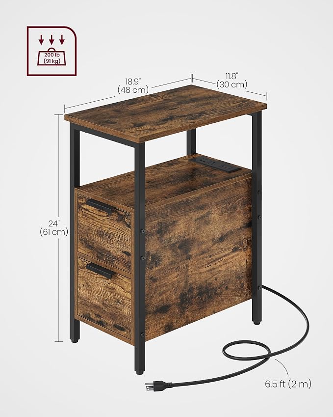 VASAGLE Side End Table with Charging Station, Slim Nightstand with 2 Drawers, Narrow Bedside Table for Living Room, Small Spaces, 18.9 x 11.8 x 24 Inches, Rustic Brown and Ink Black ULET324K101S