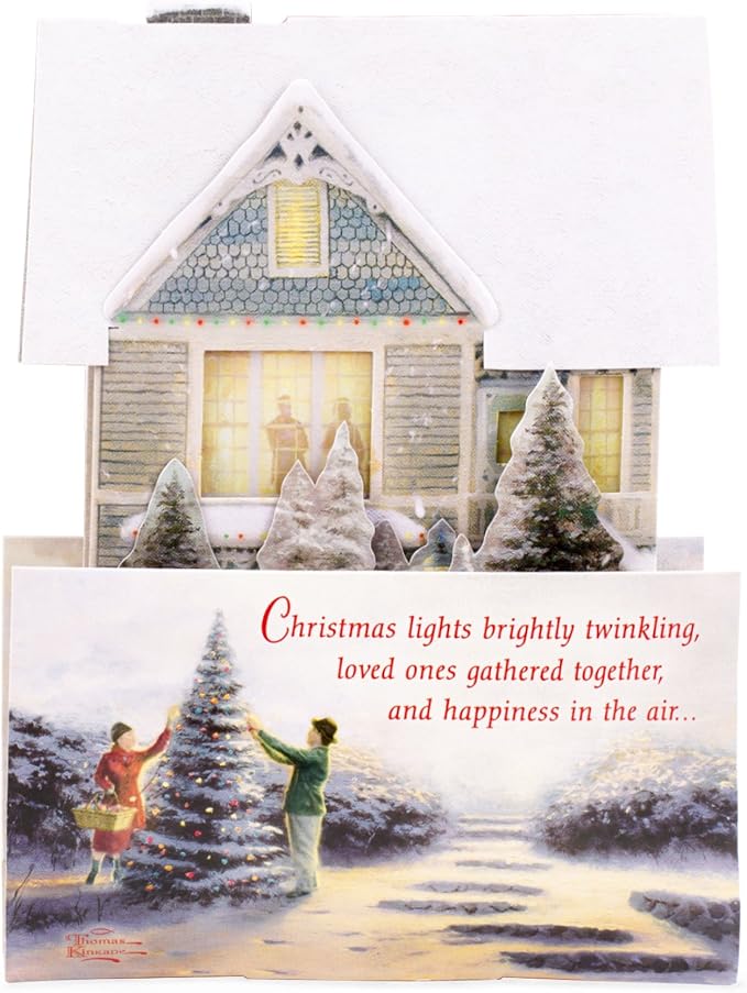 Hallmark 0899XSO1002 Christmas Pop Up Card with Light and Song (Displayable Dimensional Thomas Kinkade House Plays We Wish You a Merry Christmas), Snowy House