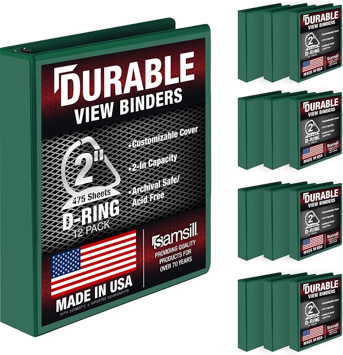 Samsill Durable 2 inch 3 Ring Binder, D Ring Binder, 100% Recycled Chipboard, Green, 12 Pack