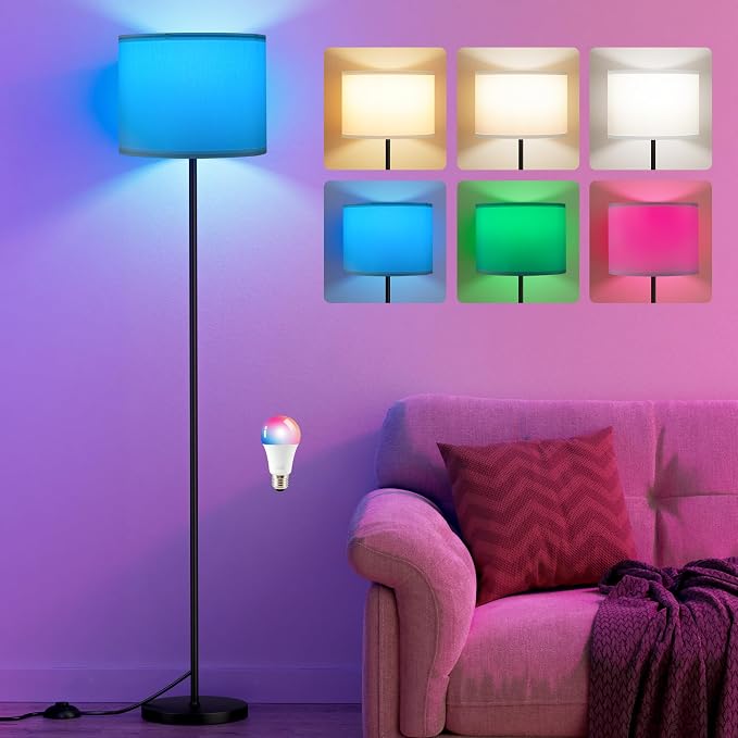Floor Lamp for Living Room with Smart Light Bulb, RGB + Stepless Dimmable Colors Temperature & Brightness(White Shade & Black Pole)