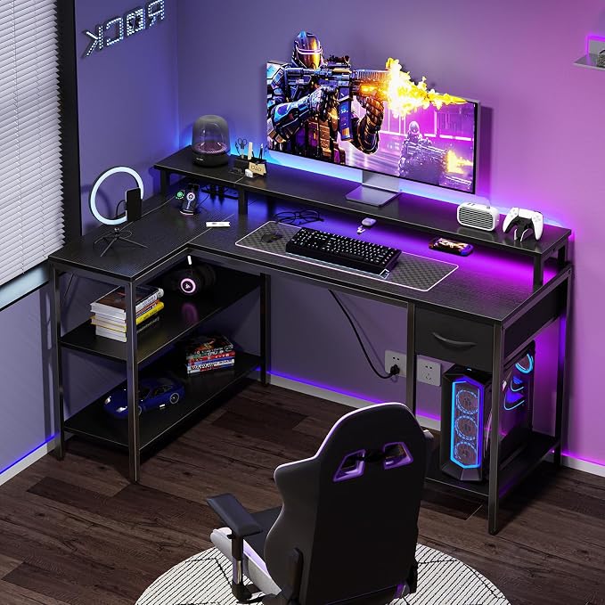 DUMOS Gaming Desk, Monitor Stand, LED Lights, Storage Shelves | USB Charging Ports, Power Outlets, Reversible L Shaped Corner, Small Spaces, Black