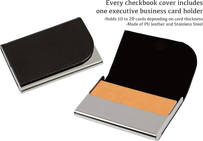 2Fold Business Check Binder 7 Ring for 3-Up Business Size Checks with Extra Business Card Case - PU Leather Deluxe 7 Ring Checkbook Binder Portfolio with 600 Check Capacity and Storage