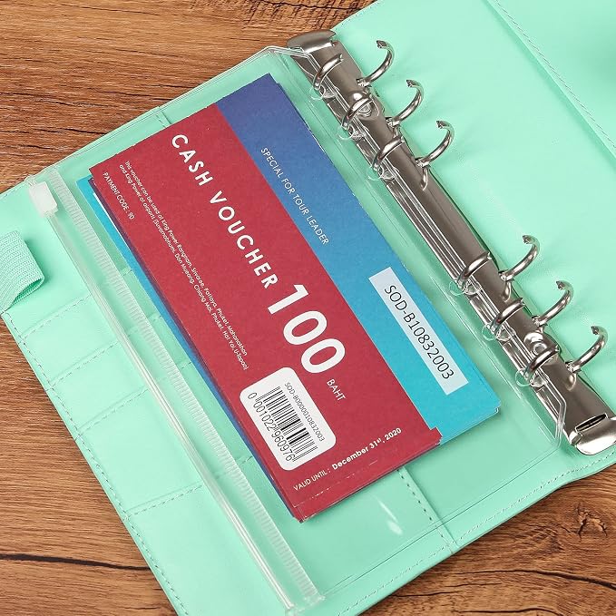 30pcs Transparent A6 Binder Pockets 6 Holes Zipper Folders PVC Card Loose Leaf Bags Cash Envelopes for Budgeting Binder Waterproof Filing Bags for 6 Ring Notebook Planner Inserts