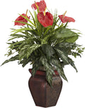 Nearly Natural 26 in Artificial Mixed Greens and Anthurium with Vase | Vibrant Red Plumage, Lifelike Textures, Decorative Vase Included, Year-Round Home or Office Decor Accent