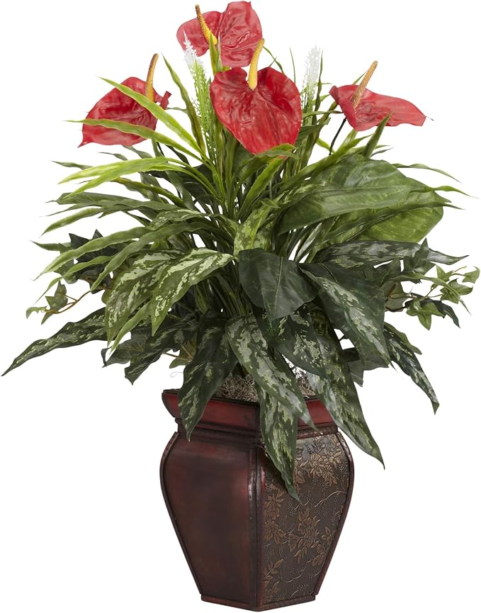 Nearly Natural 26 in Artificial Mixed Greens and Anthurium with Vase | Vibrant Red Plumage, Lifelike Textures, Decorative Vase Included, Year-Round Home or Office Decor Accent