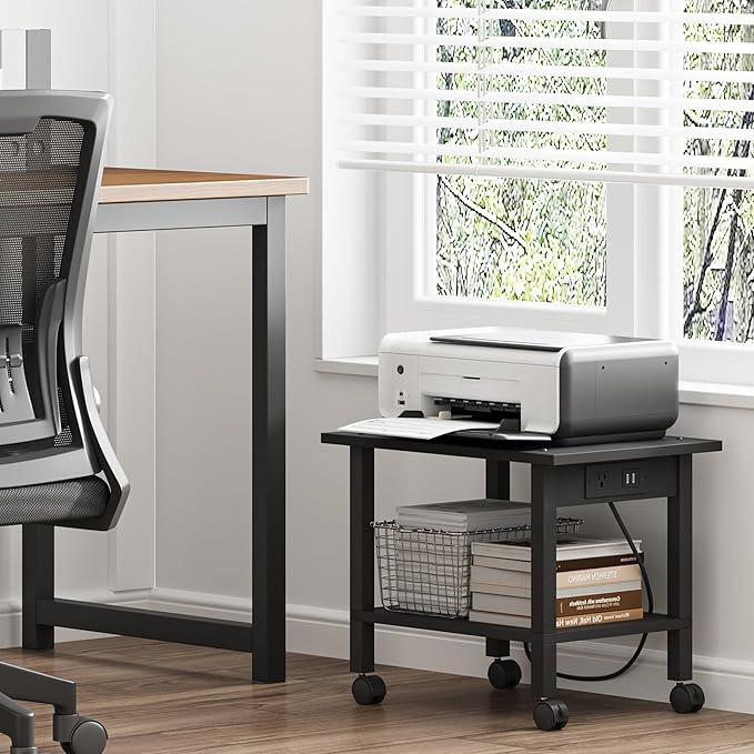 TUTOTAK Printer Stand, 2 Tier Rolling Printer Cart with Charging Station | Small Under Desk Printer Table with Wheels for Small Space, Office, Home, Black PS01BK001P