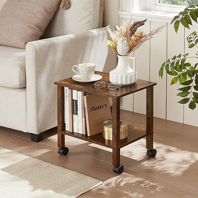 YUFAM 2 Tier Under Desk Printer Stand with Storage, Brown | Wooden Small Printer Table for Home Office, Rolling Printer Cart Shelf with Lockable Wheels