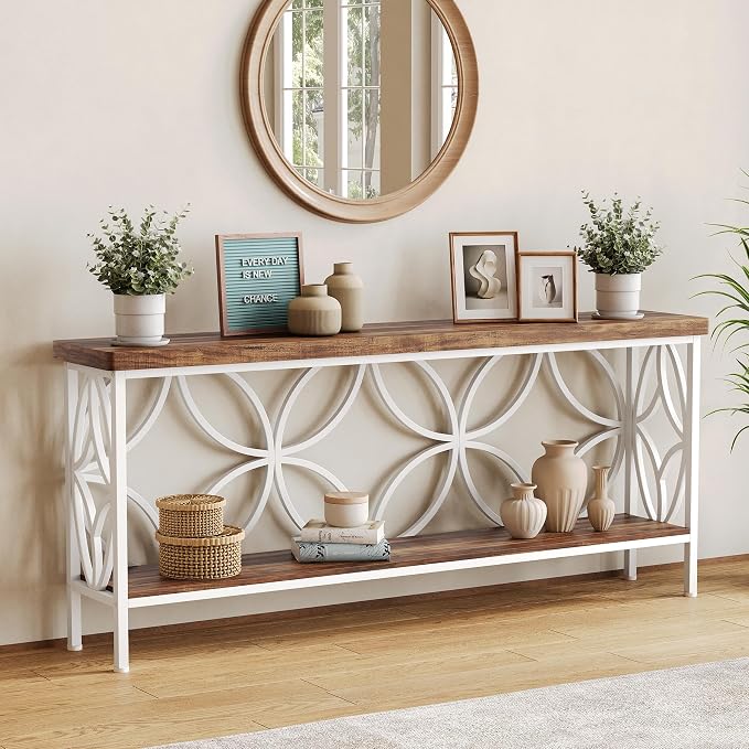 LITTLE TREE Sofa Table, 70.9 Inch Industrial Behind Couch Table with Storage Shelves, Narrow Long Console Table for Entryway, Living Room, Foyer, Hallway, Office