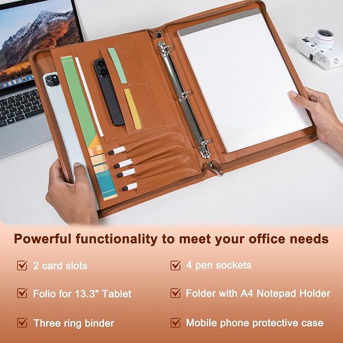 AZXCG Zipper Portfolio Padfolio Binder,3 Ring Padfolio for Women and Men,Business Portfolio Organizer for Women with A4 Writing Pad Holder,Business Portfolio for Meeting,Business,School,Work