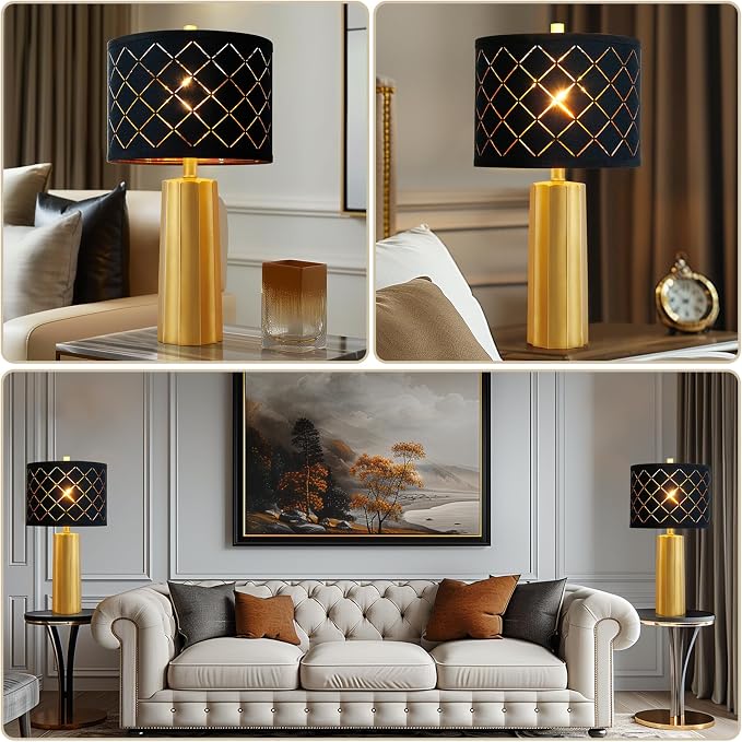 Set of 2 Modern Table Lamps for Living Room Bedroom, Gold Nightstand Resin Lamps with Black Grid Shade, Contemporary Desk Lamps for Bedside End Tables, 2 Bulbs Included (Gold) | Nightstand Resin Lamps with Black Grid Shade, Contemporary Desk Lamps for ...