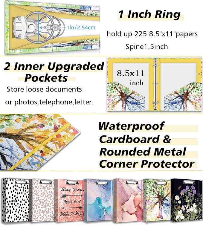 1 Inch 3 Ring Binder Organizer, Three Ring Binder with Clipboard, 5-Tabs Pockets Dividers, Transparent Folder,18 Divider Stikers, BVSSX Decorative Binders for Letter Size 8.5"x11" Paper (Seasons Tree)