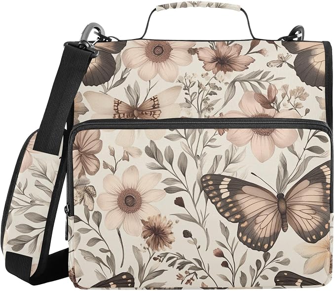 3 D-Ring Zipper Binder Bag, Flower Butterfly Pattern Removable Binder with Zipper Case Hold 700+ Sheets& 13 Inch Laptop for School Office Supplies Organizer