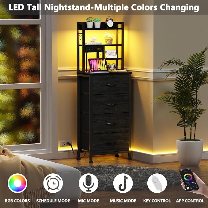 Tall Nightstand, LED Night Stand with Charging Station | USB Ports, 4 Fabric Drawers and 4 Tier Storage Shelf, Nightstands Bedside Tables for Bedroom, Dorm, Office (Black Oak)