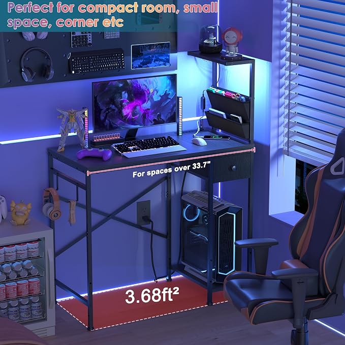 33.7 Inch Small Gaming Desk Table with LED Lights & Power Outlets, Compact L Shaped Gaming Computer Desk with CPU Stand, Drawer & Storage, Corner PC Desk for Kids, Home Office , Bedroom, Black