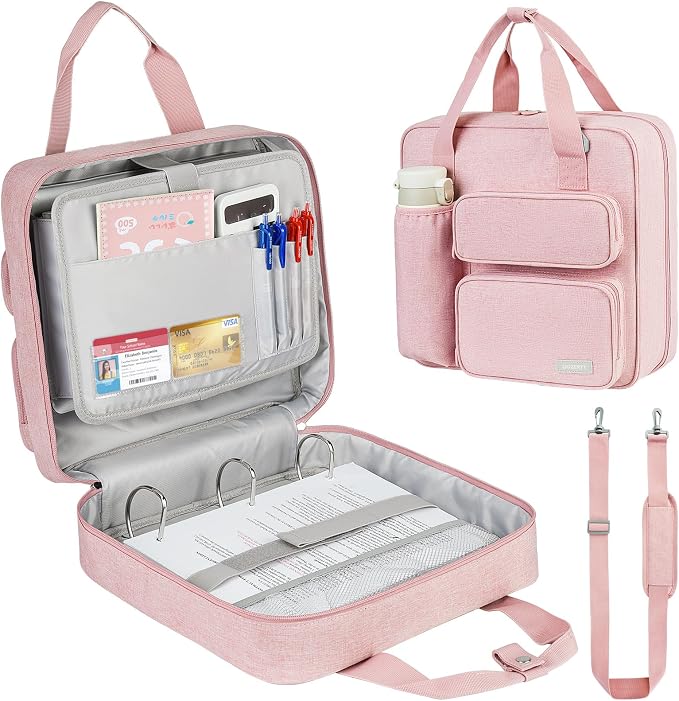Zipper Binder 3 Ring, 500 Sheets Capacity, Binder 2 Inch with Shoulder Strap Fits 13 Inch Laptop for School and Office,Pink