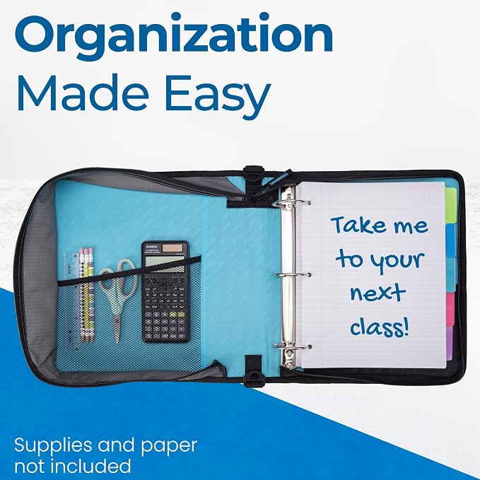 Case-it Classic Zipper Binder | 2-Inch O-Rings, 350 Sheet Capacity, Multiple Storage Pockets & Shoulder Strap | School & Office Organizer | D-251 Teal (Pack of 6)