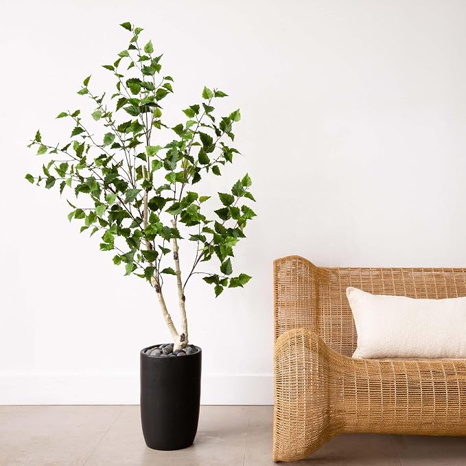 Nearly Natural 5 ft Artificial Birch Tree Real-Touch Leaves Floor Plant | Realistic Light-Hued Bark with Flexible Branches, Sturdy Nursery Planter Included, Maintenance-Free Accent for Home or Office