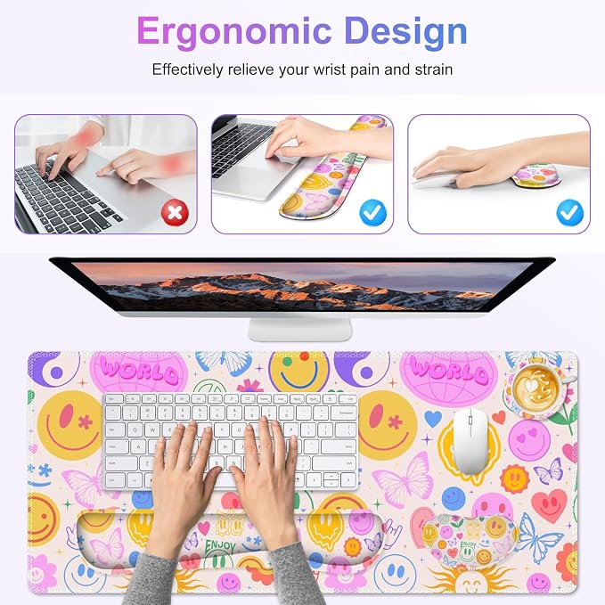 Large Gaming Mouse Pad Set, 4 in 1 Extended Keyboard Desk Mat with Wrist Rest, PC Computer Game Mousepad Set, Non-Slip Desk Pad Protector Easy Typing Pain Relief for Home Office I Hippie Smile