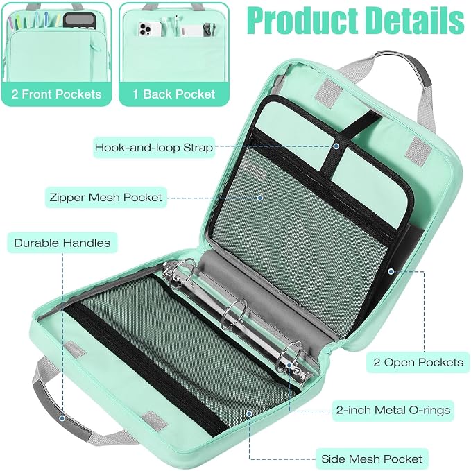 MoKo Zipper Binder, 2 Inch 3 Ring Binder with Zipper, 500 Sheet Capacity Zip Up Binders with Shoulder Strap Handle, Multi-Pocket Zip Up Binders for Middle School Student, Mint Green