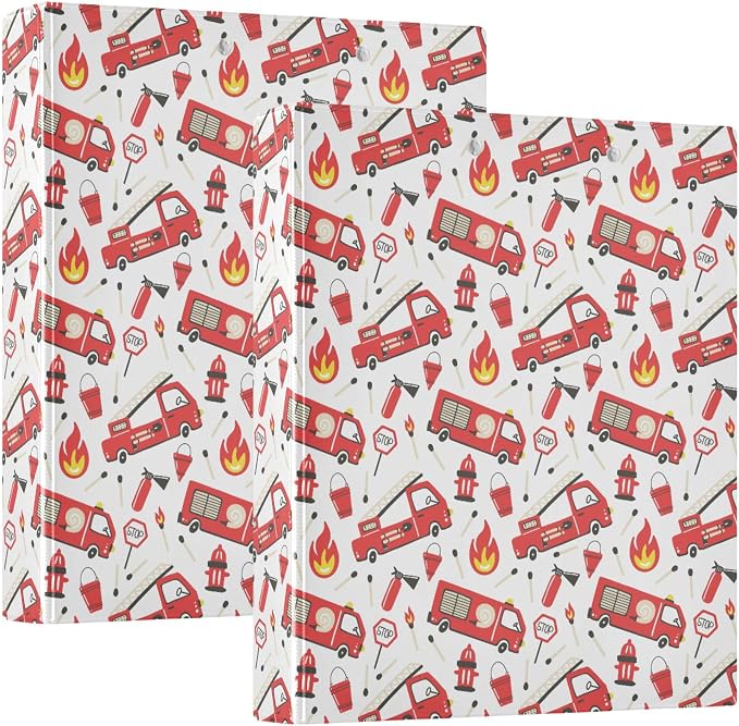Fire Fighting Truck Round Ring Binders 1.5 Inch Cars Doodle Pattern 3 Ring Clipboard Binder for Office School Work Supplies Document 200 Sheet Capacity Easy Open 2 Pieces
