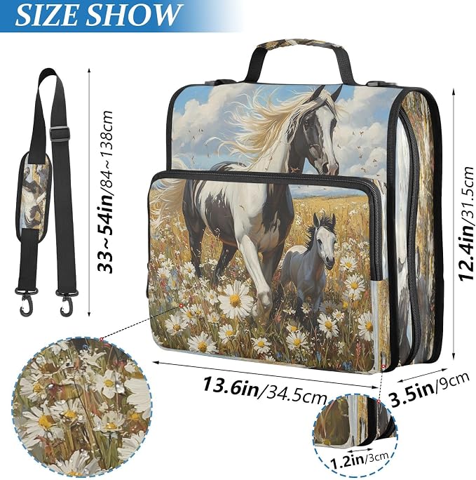 ALAZA Zipper Binder 3 Ring Horse in The Daisy Flower Field Binder Organizer with Zipper and Shoulder Strap Large Capacity Multi-Pocket Trapper Keeper File Folder for Office Supplies