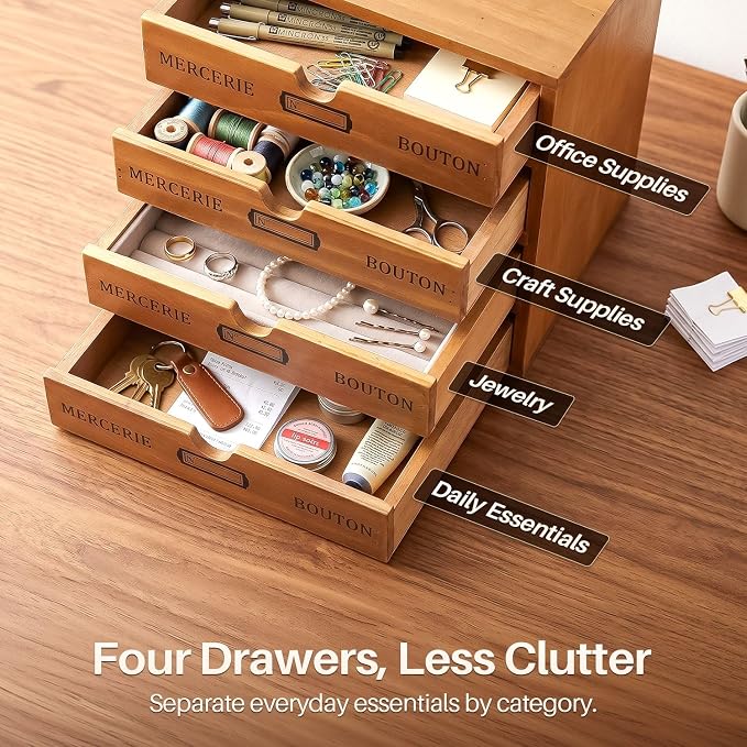 Flexzion Wooden Storage Box with 2 Drawers, Vintage Desktop Organizer | Compact Desk Organizer with Drawers for Office Supplies, Mail, Crafts and Vanity Items; 9.6 X 6.6 X 4.9 In; Fully Assembled
