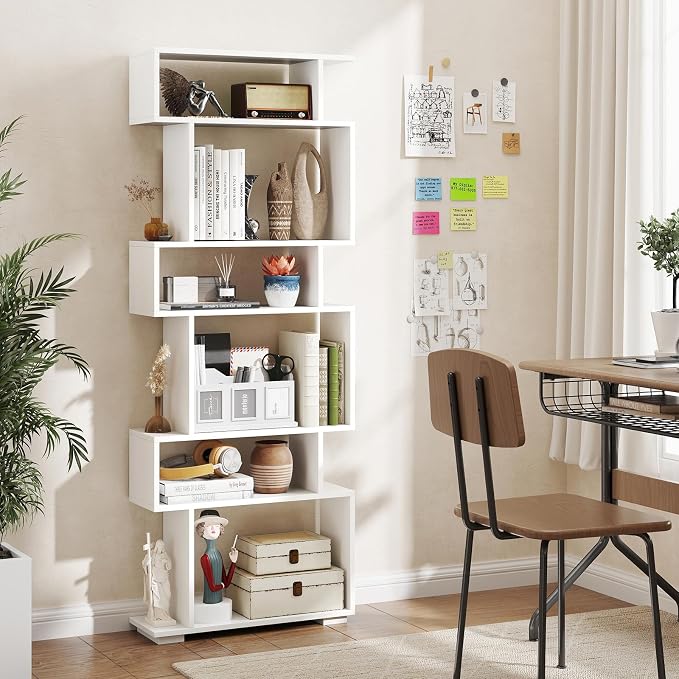 Tangkula 6-Tier S-Shaped Bookshelf, 64" Freestanding Geometric Bookcase, Home Office Wood Storage Shelf with Anti-Toppling Device, Room Divider Display Rack for Study, Living Room (1, White)