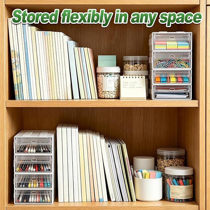 9 Pcs Stacking Office Drawer Organizers - Desktop & Wall Mounted 9 Drawer Storage Closet with 18pcs Clear Dividers Multifunctional Organizer Rack with 9pcs Tag Card for Home Small Items | Track to Lock into Each Other, Stackable without Slipping, 8.7"D...